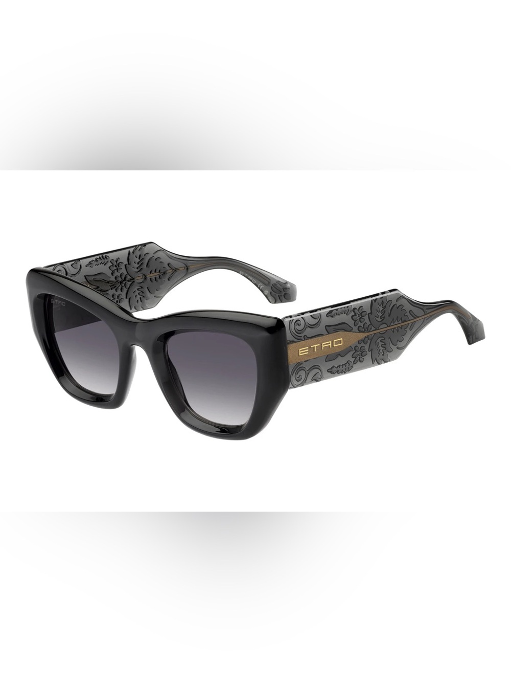 Etro Black Sunglasses with Gold Logo and Floral-Engraved Temples, leather case